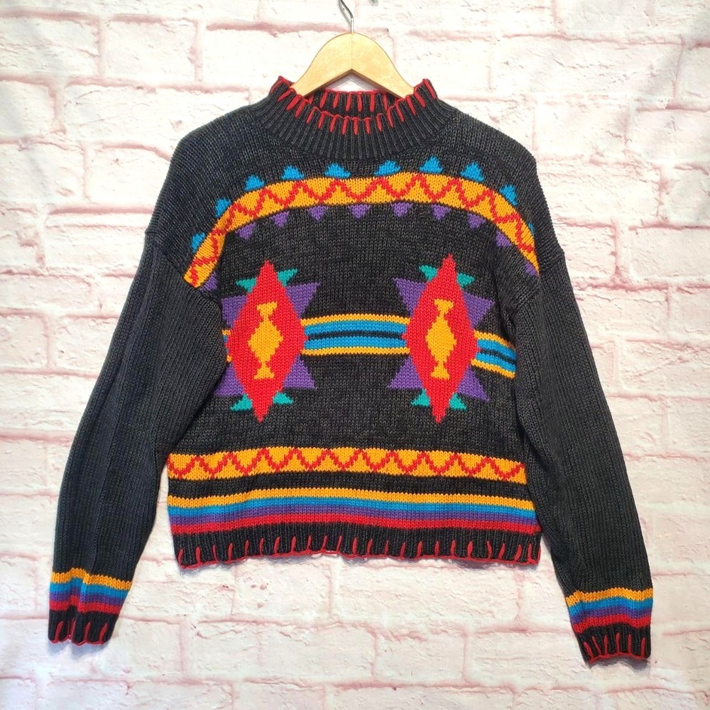 VTG Carolina Colours Sweater Womens Small Vibrant Aztec Southwestern Crewneck‎